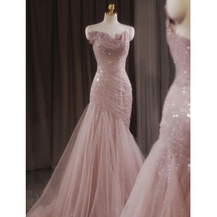 French Evening Dress Women's Fishtail Niche Entry Luxury High-end Art Test Host Pink High-end Engagement Dress Adult Ceremony