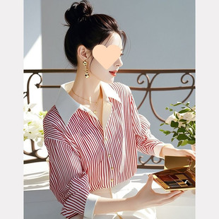 A6C red striped polo shirt spring and autumn new style shirt western style high-end chic long sleeve outerwear top