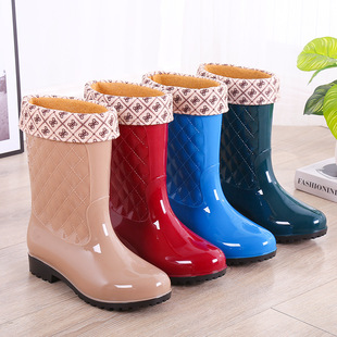 Mid-tube anti-slip fleece-lined cotton rain boots rain boots waterproof shoes barrel rubber shoes overshoes water boots women's adult kitchen warm winter