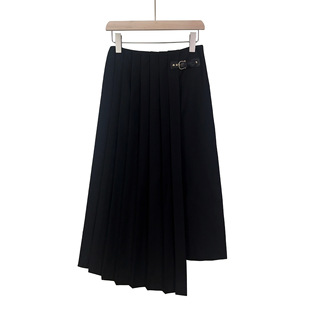 French Niche 2024 Autumn and Winter Fashion Black Irregular Belt Buckle Two-piece Pleated High Waist Skirt Simple