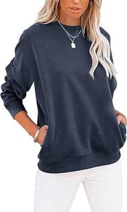 2023 European and American women's casual long sleeve solid color top round neck sweatshirt cute loose pullover with pocket
