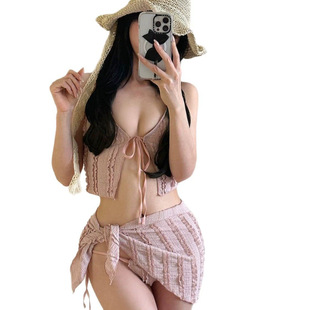 2025 new South Korea ins style bikini pure wind hot spring small chest swimsuit women's wooden ear edge swimsuit