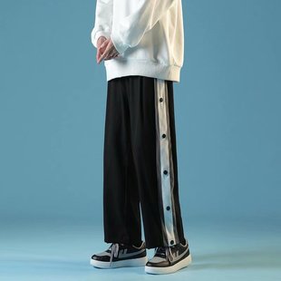 Spring New Comfortable Breasted Trousers Men's Half Buckle Sports Pants Trendy Straight Pants Basketball Training Casual Sweatpants Men