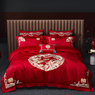 100s double-strand long-staple cotton wedding four-piece set cotton wedding Red Chinese embroidery cotton set high-end dowry