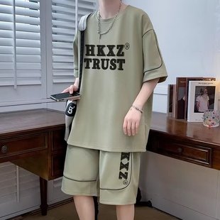 Summer New Casual Sports suit Men's Short-sleeved Shirt Fashion Brand Five-point Shorts Loose Hong Kong-style Two-piece Set