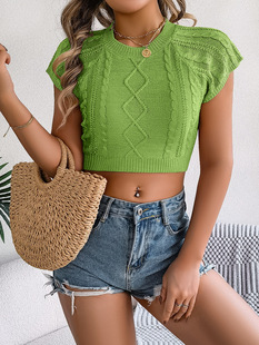 Spring and Summer 2025 Casual Solid Color Twist Short-sleeved Knitwear Vacation Short Umbilical Top Independent Station Cross-border Women's Wear
