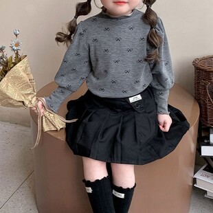 Autumn and Winter Women's Children's Wear Leggings Baby Stylish Children's Personalized Trendy Brand Korean-style Thickened One-piece Velvet Bow T-shirt