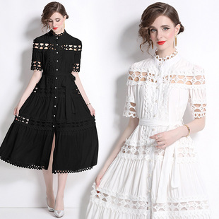 2024 Summer New Arrival Vintage Court Style Standing Collar Hollow Single-breasted Short-sleeved dress Elegant Dress