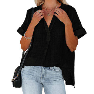 Cross-border Europe and the United States 2023 Summer New Amazon Women's V-neck Short Sleeve Striped Thin Loose Plaid Shirt