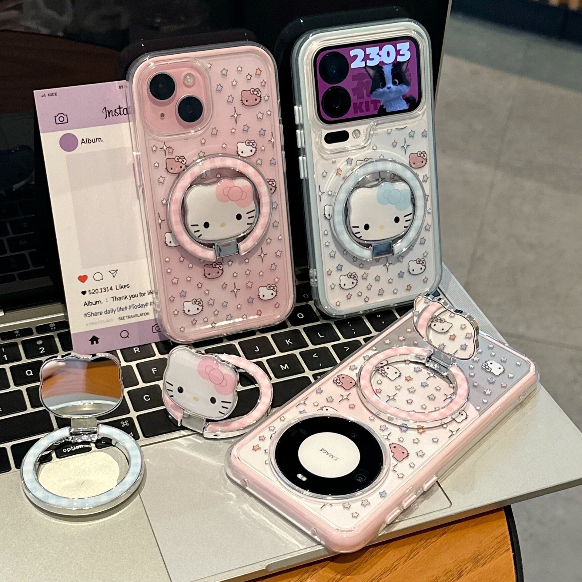 Full-screen star Kitty stand for Apple 17 Pro Max phone case, high-value design for Huawei, Xiaomi, and Vivo phones.