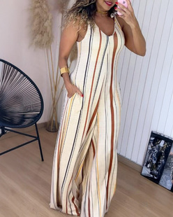 Amazon European and American Cross-Border 2025 New Casual Suit Stripesd V Neck Lace-Up Suspenders Casual Jumpsuit Pants for Women