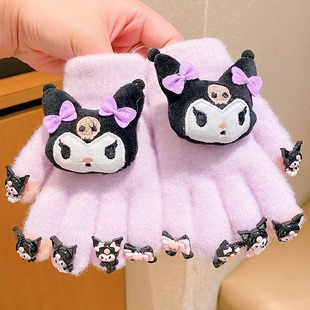 Cute fleece-lined Warm Cold-proof Sanrio Children's Finger Gloves Winter Girls 3 to 6 Years Old Kulomi Five-finger Set