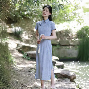 Ретро Китайская Республика Синий полосатый cheongsam 2024 весна и лето новый повседневный может носить улучшенные молодые модели