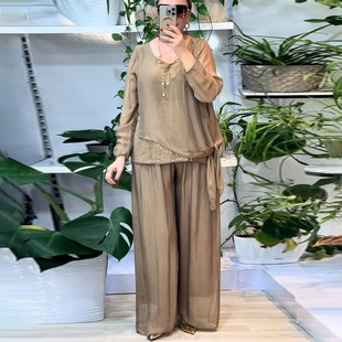 Amazon 2025 European and American Summer Fashion New Artistic Retro Loose Bronzing Top Wide Leg Pants Two-Piece Set for Women