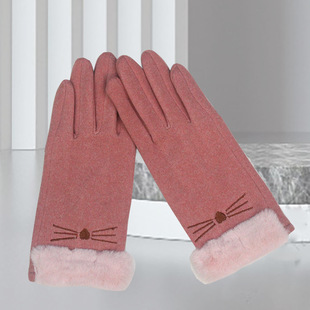 Autumn and winter finger gloves rabbit velvet monochrome fur mouth spot women's winter jacquard cute full finger warm gloves
