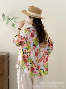 Qi Engraved Ramie Shirt Spring New Style Temperament Single-breasted Top Women's Age-reducing Cardigan Printed Shirt 2501