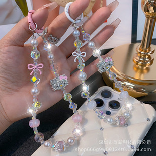 Cute diamond-encrusted cat mobile phone chain alloy bow high-end wrist jewelry women's lanyard wholesale cross-border