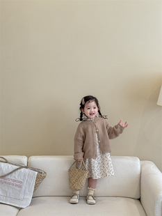 Korean style children's clothing 2024 New Spring girls' knitted sweater cardigan children's western style floral dress two-piece set