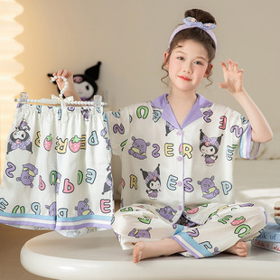 2025 New Children's Pajamas Summer Girls' Three-piece Set Thin Ice Silk Short-sleeved Trousers Girl's Cute Home Clothes