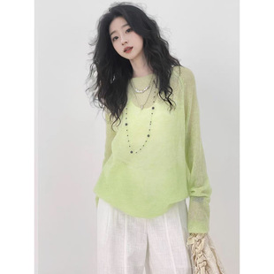 Blue Thin Knitted Sweater Women's 2025 Early Spring New Loose Fashion Outer Blouse Stacked Long Sleeve Top