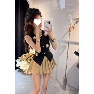 Summer Korean Style Chanel Style suit Women's Three-dimensional Flower Design Vest Top High Waist Slimming Pleated Skirt