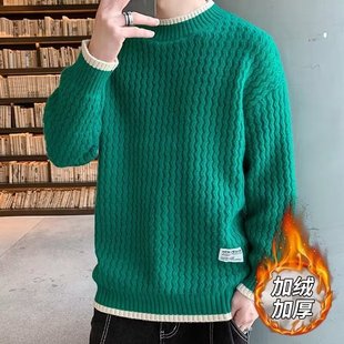 2024 Autumn and Winter fleece-lined Thickened Sweater Men's Trendy Solid Color Round Neck Knitted Sweater Sweater Loose Warm Top