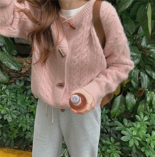 Corner Buckle Twist Sweater Coat Women's Autumn and Winter New Style Outer Wear Solid Color Slimming Round Neck Short Knitted Cardigan for Women