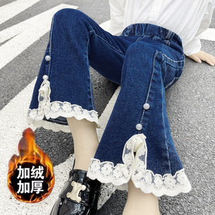 Children's clothing spring and autumn 2024 new girls' jeans fleece-lined children's flared pants loose large children's one-piece velvet pants