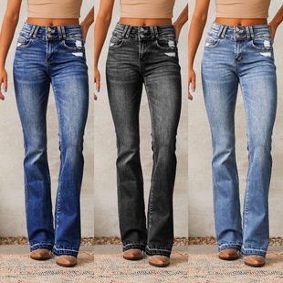Amazon Europe and the United States cross-border retro ripped jeans women's 2025 spring new washed street micro-pants