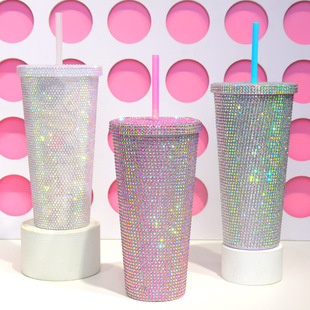 Cross-border in stock double-layer plastic suction tube cup large capacity creative 710ml durian cup tie hand cup portable diamond cup