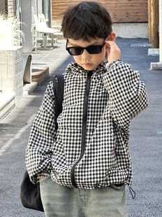 Twilight Yue Children's Plaid Coat Autumn 2024 Spring and Autumn Plaid Hooded Long-sleeved Zipper Shirt for Boys and Girls Korean Jacket