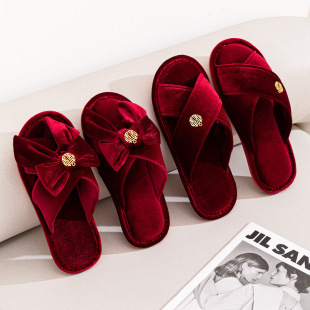 Wedding Slippers New Women's Festive Big Red Couple Velvet Wedding Daughter Slippers Home Indoor Non-Slip Slippers