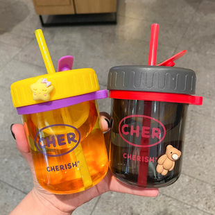 Factory Direct supply small water Cup Girls High-looking with straw Cup summer student simple portable transparent plastic cup