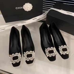 French flat high-end feeling bean shoes casual shoes 2024 autumn new black commuter square head rhinestone shoes women