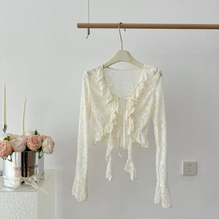 Fungus Lace Lace Cardigan Spring and Summer Embroidered Tassel V-Neck Sun Protection Multi-Layer Yarn Top Wide Leg Pants Three-Piece Suit