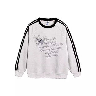 Spring and Autumn Korean-style Chic Three-bar Sweatshirt Women's chubby girl plus size Loose Slimming Ins Trendy Shoulder Thin Coat Top