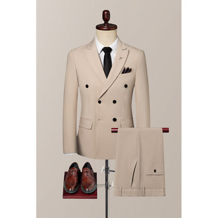 Double-breasted British Suit suit Men's Bridegroom Wedding Slim-fit Dress for Work Casual Fashion Striped Handsome Suit