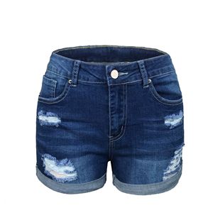 2021 Cross-border US Amazon wish Explosions Independent Standing Foot Mouth Women's Elastic Mid-waist Denim Shorts with Holes