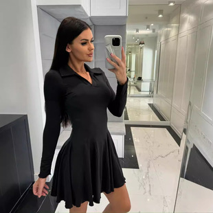 Amazon independent station cross-border women's spring and autumn new fashion solid color waist long sleeve lapel dress short