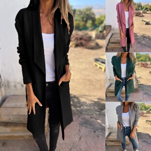 2024 Amazon Wish AliExpress foreign trade_fall/winter lapel long knitted cardigan thin woolen coat