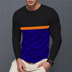 AliExpress Летняя мужская футболка с длинным рукавом и круглым вырезом с цветными блоками, повседневная модная полиэстеровая слегка эластичная футболка с длинным рукавом.