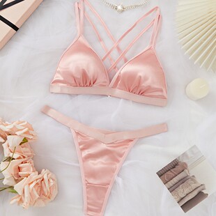 Silk Mulberry Silk Thin Non-rimmed Bra suit Women's Traceless Satin French Underwear Summer Glosed Triangle Cup