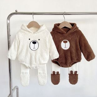 Ins Baby Clothes Autumn and Winter Cute Hooded Bear Baby fleece-lined Hatshirt Climbing Wear Warm Double-sided Fleece Bag Fart Clothes