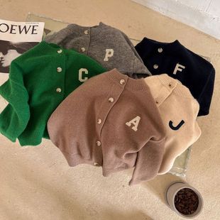 [in stock] children's sweater cardigan spring and autumn new boys and girls solid color letters cardigan baby sweater