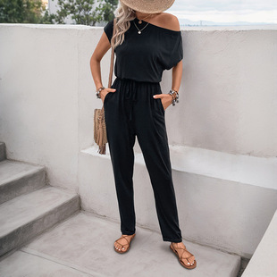 Amazon Independent Station Foreign Trade 2024 New European and American Summer Women's Cross-border Oblique Shoulder Solid Color Pants Trousers
