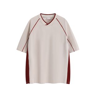American heavyweight 260G tide cotton color matching line v collar design short sleeve female personality street loose casual jacket