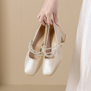 Square Thick Heel Satin Mid Heel Mary Jane High Heels Elegant Bridesmaid Shoes 2024 Summer and Autumn New All-match Women's Shoes