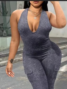 Foreign trade hot sale 2023 spring and summer new women's sexy backless halter V-neck with pockets hip lifting sports jumpsuit