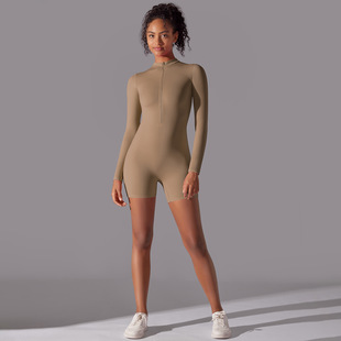 New Solid Color Zipper Open Collar Tight High Elastic Jumpsuit Sports Fitness Running Three-point Jumpsuit Shorts Yoga Clothes