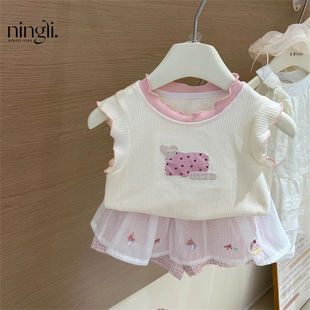 Lime Korean Girl's suit Summer Thin Sling Top Shorts 2025 New Baby Girl's Summer Two-piece Set